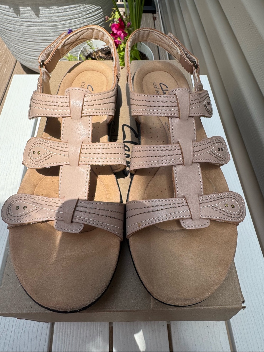 “Clarks” - Sand colored Strappy Comfort Sandals - Size 9 1/2M. Great condition!